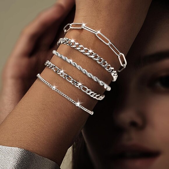 Silver-04 Dainty Stack Cuban Beaded Paperclip Bracelets Jewelry Gifts for Women - Picture 3 of 7